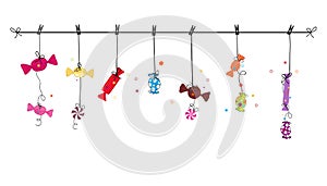 Hanging colorful hand drawn sweet candy. Traditional candies for Seker Bayram holiday. Greeting Card