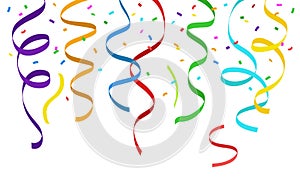 Hanging colorful streamers and falling confetti on white background - vector illustration