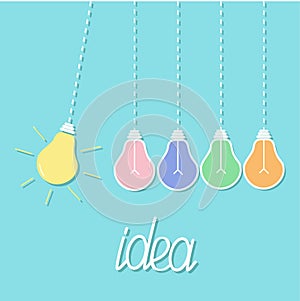 Hanging colorful yellow light bulb. Switch on off lamp. Perpetual motion. Dash line. Idea concept. Flat design. Blue pastel backgr