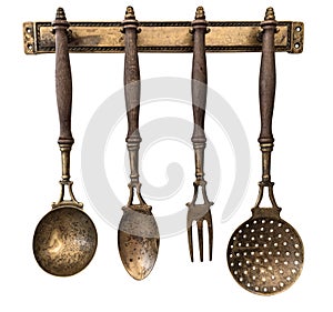 Hanging Cooking tools. Vintage kitchen spoon and fork. Cutlery for cooking isolated white background