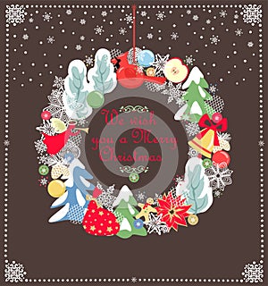 Hanging craft decoration for winter holiday with Christmas wreath, angel, redbird, jingle bell, gingerbread, cone, snowy trees and