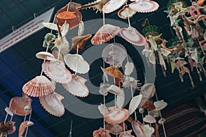 Hanging curtains made of shells for sell as souvenir at Nipah Bay Pangkor Island, Malaysia