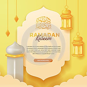 Hanging fanous arabic lantern with 3d tower mosque for greeting social media template for ramadan kareem or islamic event with