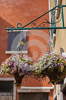 Hanging flower pot decorated on the building