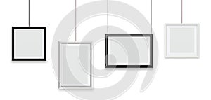 Hanging frames. Blank photo frame, image or picture framing. Empty realistic white black vector templates