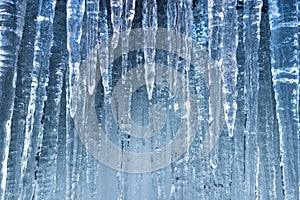 Pure clear blue hanging ice sickles in winter cold background photo