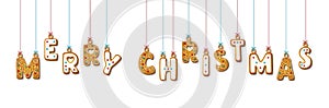 Hanging gingerbread cookie letters with phrase merry christmas in cartoon style. Sweet biscuit in holiday message