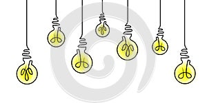 Hanging glowing light bulbs vector line icon set isolated on white background. Idea concpt icons set. Linear design. Bulb light