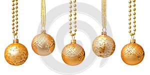 Hanging golden christmas balls with ribbon isolated