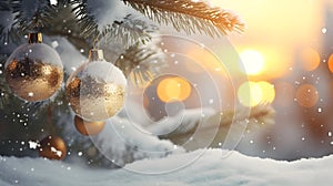 Hanging golden Christmas balls on spruce and fir branches with snow covered surface.