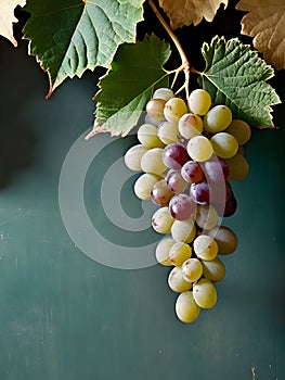 Hanging grape cluster closeup on dark pastel green vertical backdrop