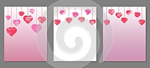 Hanging grunge hearts, great for vertical banner, card, wallpaper for Valentine`s Day, wedding day and etc. Set. Vector
