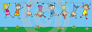 Hanging happy kids, funny vector illustration