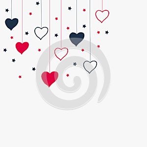 Hanging heart illustration with stars on white background. navy and red colors. hand drawn vector. valentine`s day. romantic backg