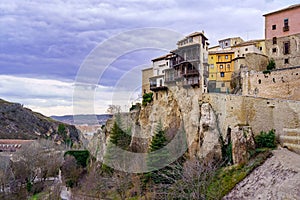 Hanging houses of Cuenca over the ravine eroded by the river over the centuries,