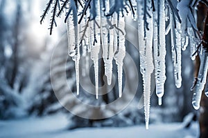 hanging icicles on the branches of the trees