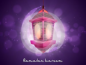 Hanging illuminated arabic lamp with crescent moon on shiny purple background for holy month of muslim community, Ramadan Kareem