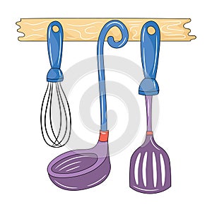 Hanging kitchen utensils, Simple colored Line art