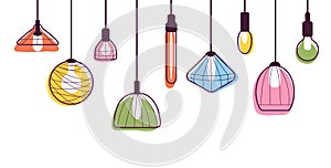 Hanging lamps banner. Lamp background, contemporary loft style decorative chandeliers. Vintage lantern, isolated doodle