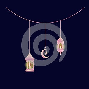 hanging lantern lamp with candle light and hanging crescent moon in pink gradient graphic element for ramadan decoration design