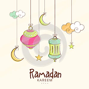 Hanging lanterns, moons and stars for Ramadan Kareem.