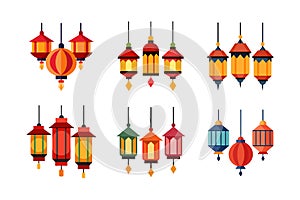 Hanging lanterns vector art illustration icon set