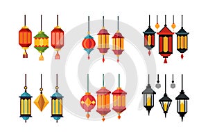Hanging lanterns vector art illustration icon set