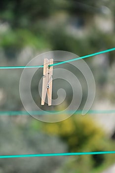 Hanging laundry clip from a green plastic rope