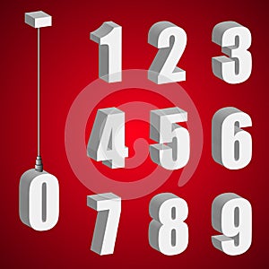 Hanging light bulb digits. 3d isometric numbers