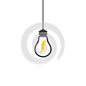 Hanging light bulb with flash icon isolated on white background