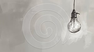 Hanging light bulb with glowing filament on a gray textured background