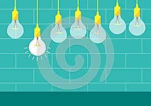 Hanging light bulbs on brick wall backgrounds,Vector illustrations