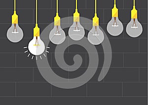Hanging light bulbs on brick wall backgrounds,Vector illustrations