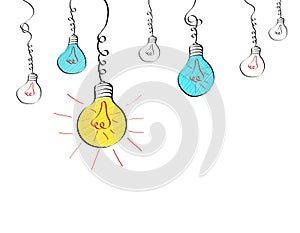 Hanging light bulbs with different glowing in doodle style. Big idea business concept.