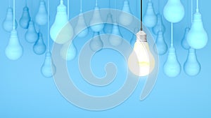 Hanging light bulbs with glowing one different idea on background , Minimal concept idea.