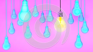 Hanging light bulbs with glowing one different idea on background , Minimal concept idea.3d rendering.