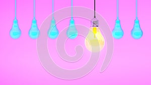 Hanging light bulbs with glowing one different idea on pink background , Minimal concept idea.