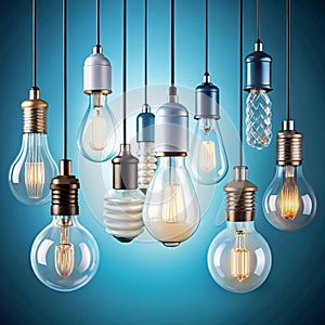 Hanging Light Bulbs on Light Blue Background for Creative Projects