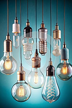 Hanging Light Bulbs on Light Blue Background for Creative Projects
