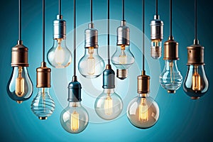 Hanging Light Bulbs on Light Blue Background for Creative Projects