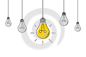 Hanging light bulbs with one glowing. Electric extinct lightbulbs set and one glowing. Concept of idea and choosing