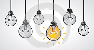 Hanging light bulbs with one glowing. Leadership and different business creative idea concept. Vector illustration