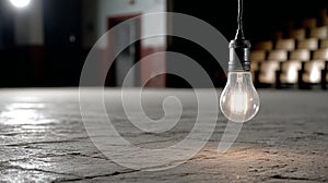 Hanging lightbulb in an empty dimly lit room.