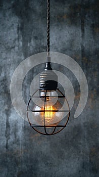 Hanging lightbulb industrial concept on cement background design