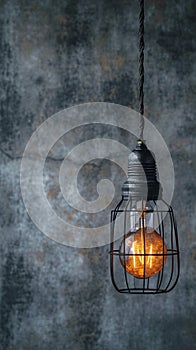 Hanging lightbulb industrial concept on cement background design