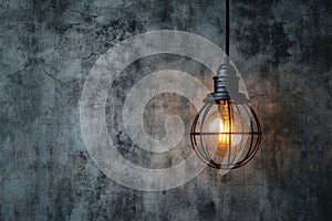 Hanging lightbulb industrial concept on cement background design