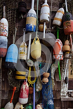 Hanging lobster nautical buoys on the wall