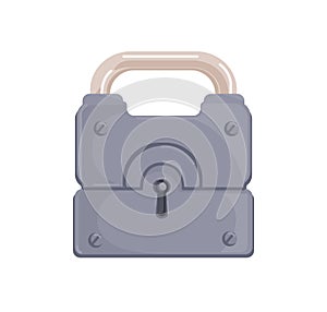 Hanging locked iron padlock with closed metal shackle and keyhole. Realistic protecting mechanism for lockers and safes