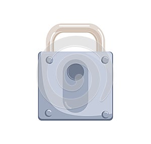 Hanging locked iron padlock with closed strong metal shackle and keyhole. Icon of safe private access and security