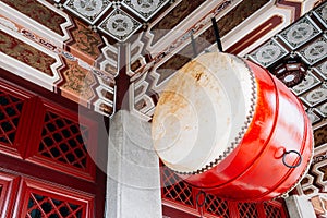 Hanging old vintage drum at Taichung Martyrs` Shrine in Taichung, Taiwan